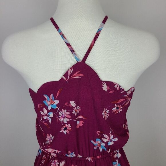 𝅺monteau Burgundy Floral Scalloped Neck Halter Dress Small - Picture 8 of 16